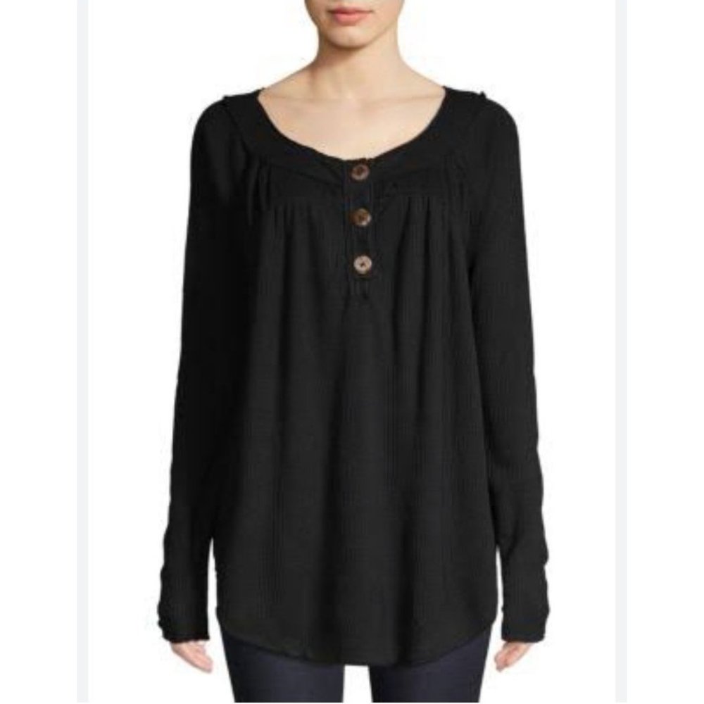 We the Free Must Have Henley Free People Waffle Knit Black Long Sleeve Shirt